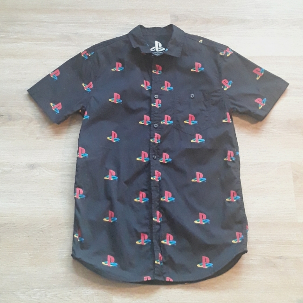 Licensed Sony Playstation Allover Logo Button Front Shirt - Size Medium Black - Picture 8 of 9